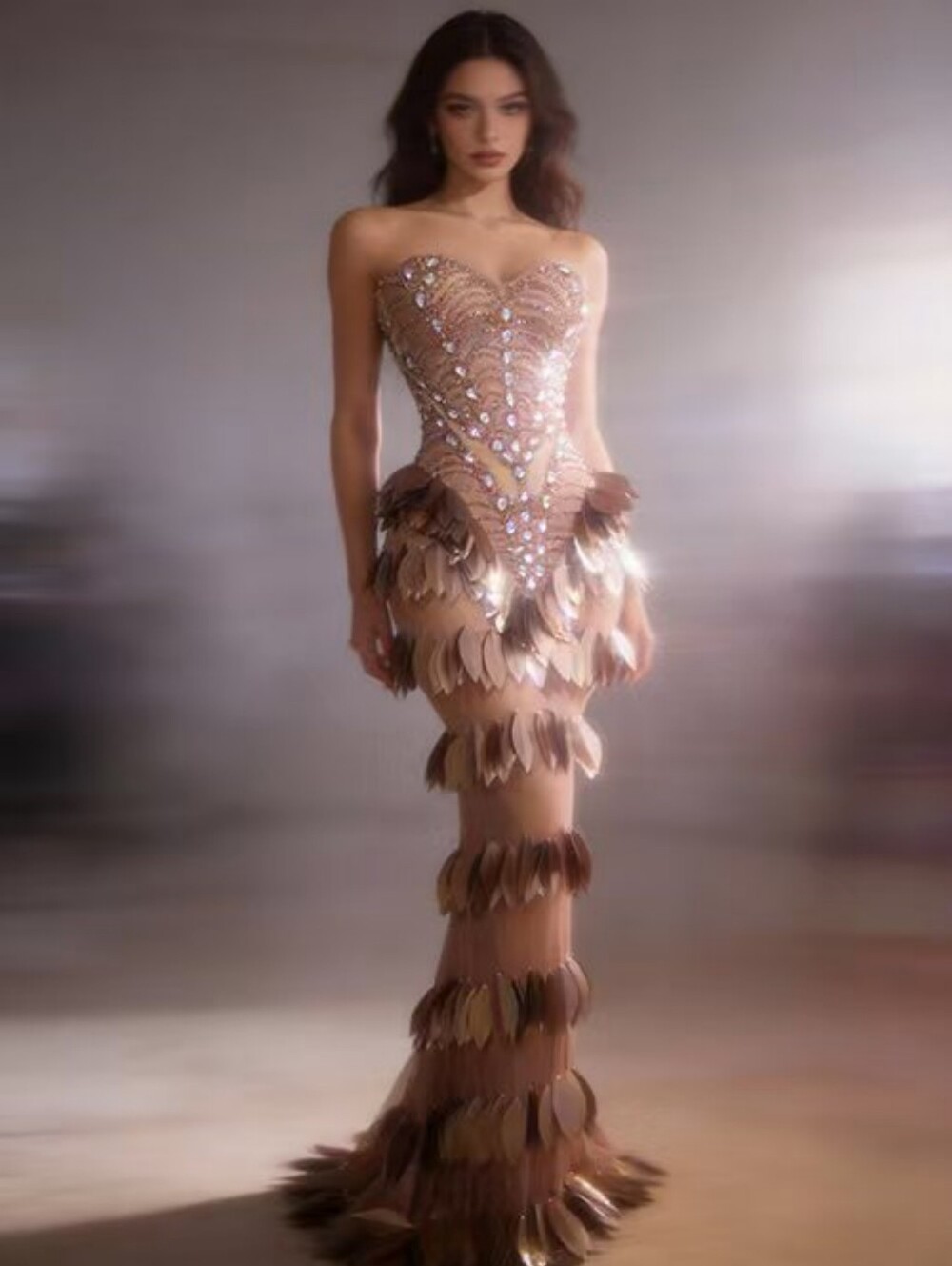 Glamous Leaf Neck Cristal Strapless Sequin Feathered Evening Gown - Nude